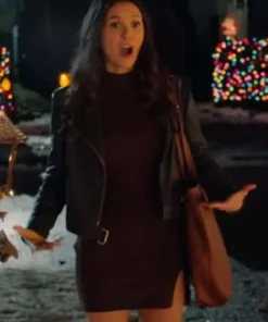 Love Hard 2021 Nina Dobrev Black Motorcycle Leather Jacket sale