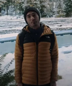 Love Hard Darren Barnet Yellow and Black Hooded Puffer Jacket