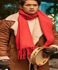 Love Hard Harry Shum Jr. Brown Leather Shearling Trench Coat