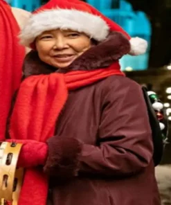 Love Hard Takayo Fischer Fur Hooded Satin Maroon Coat