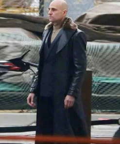 Mark Strong Movie Shazam Dr Thaddeus Sivana Fur Collar Black Leather Long Trench Coat