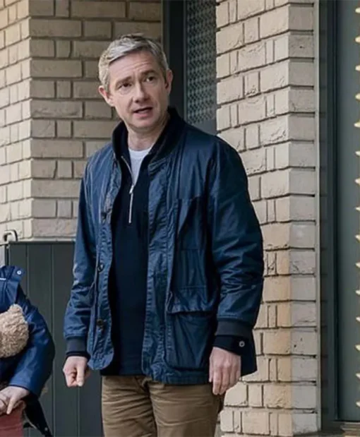 Martin Freeman Breeders Paul Worsley Bomber Satin Navy Blue Jacket