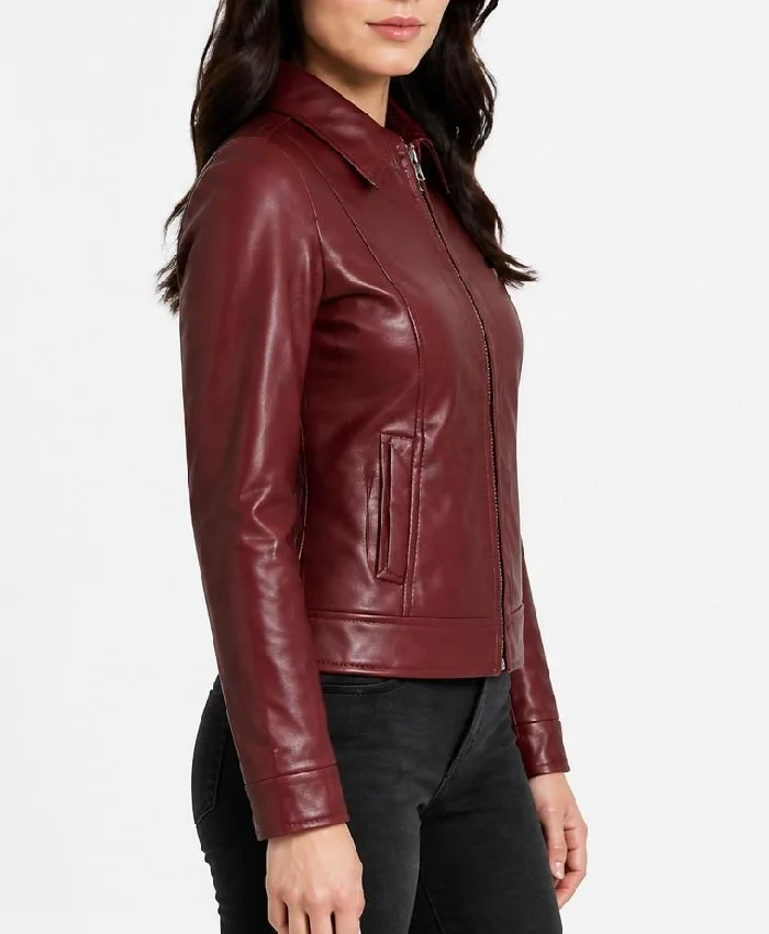 Max C Shirt Collar Maroon Leather Jacket For Women