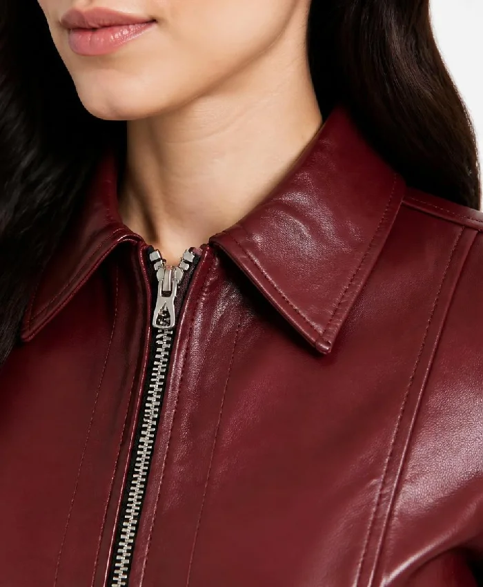 Max C Shirt Collar Maroon Leather Jacket For Womens