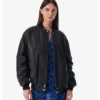 Melinda Iro Kerem Oversized Black Leather Bomber Jacket With Rib Collar
