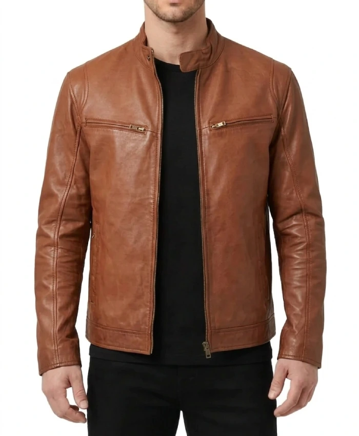 Men Motorcycle Leather Jacket in Tan Brown