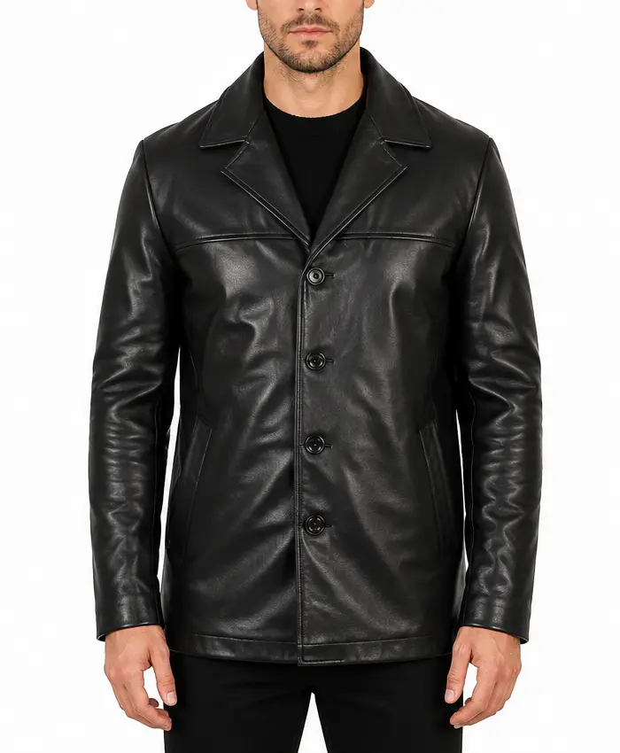 Men Black 3 4 Quarter Length Leather Coat