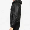 Men Black Leather Bomber Hooded Jacket