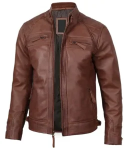 Men Cafe Racer Quilted Dark Brown Biker Real Leather Jacket