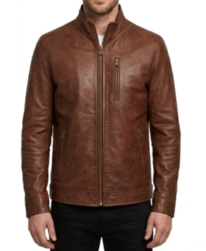 Cafe Racer Quilted Dark Brown Biker Real Leather Jacket for Men