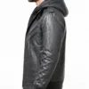 Men Removable Hood Grey Bomber Leather Jacket
