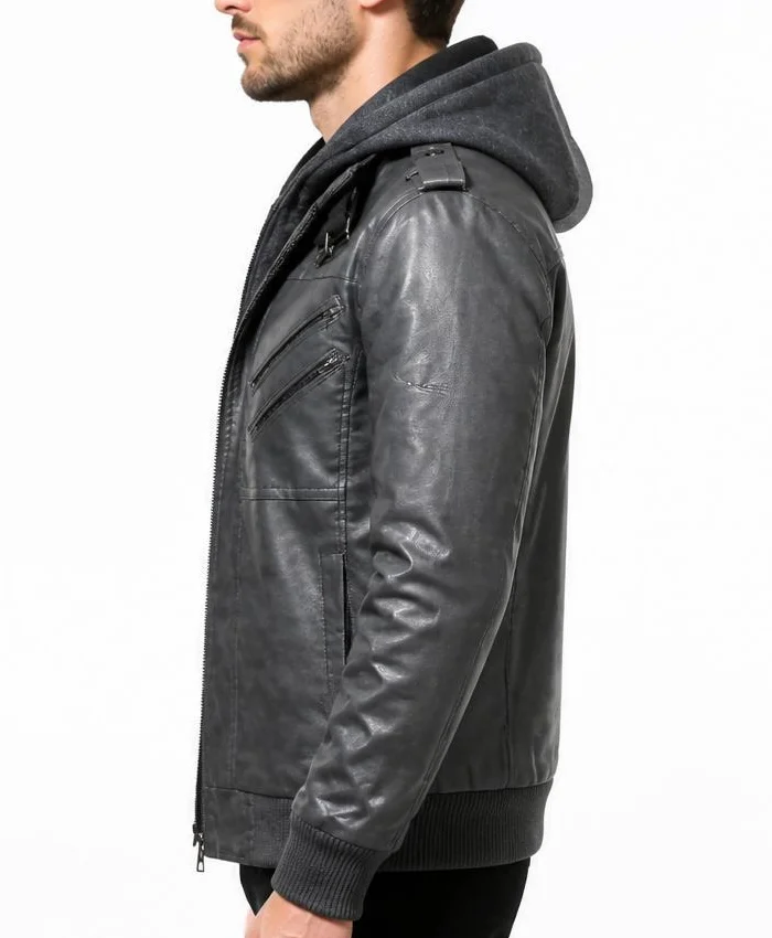 Men Removable Hood Grey Bomber Leather Jacket