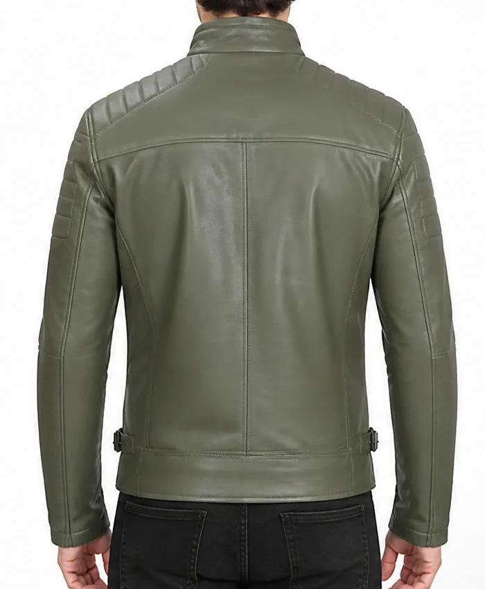 Men Salley Premium Military Green Cafe Racer Leather Jacket