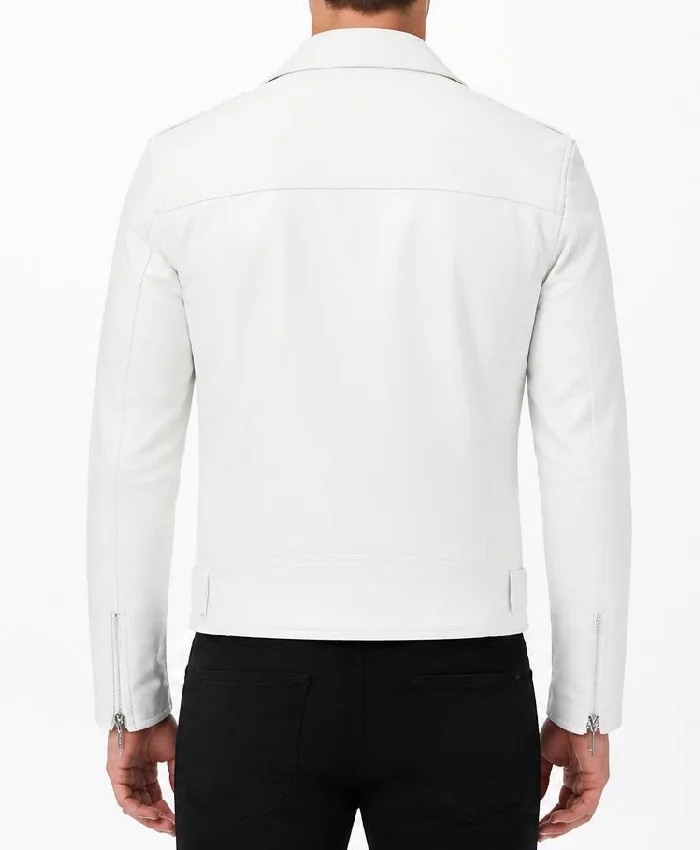 Men Slim Fit White Leather Jacket Biker Lambskin