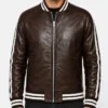 Men Striped Leather Bomber Jacket