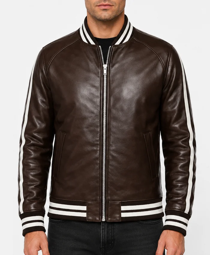 Men Striped Leather Bomber Jacket