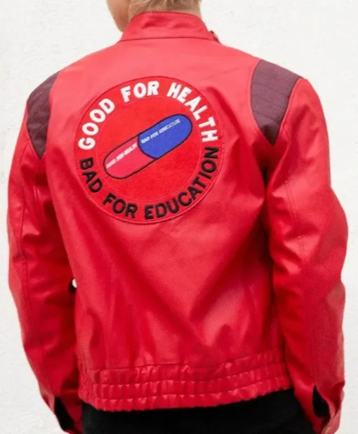 Mens Akira Kaneda Red Motorcycle Leather & Cotton Jacket with Good for Health Bad for Education Patch