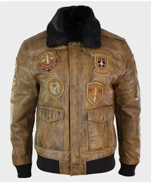 Men’s Aviator Tan Bomber Fur Collar Jacket With Patches