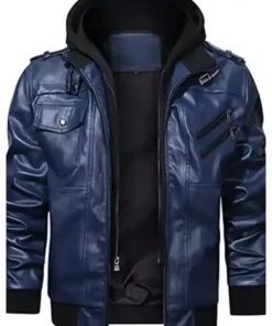 Mens Biker Bomber Removable Hood Navy Blue Jacket
