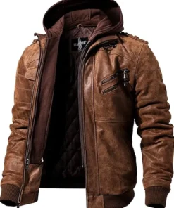 Mens Biker Removable Hood Bomber Brown Leather Jacket