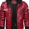 Mens Biker Removable Hood Bomber Red Leather Jacket