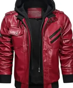 Mens Biker Removable Hood Bomber Red Leather Jacket