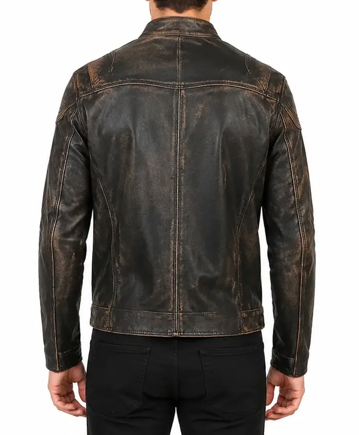 Mens Black Distressed Real Leather Moto Jacket