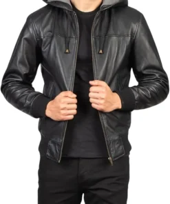 Mens Black Leather Bomber Hooded Jacket