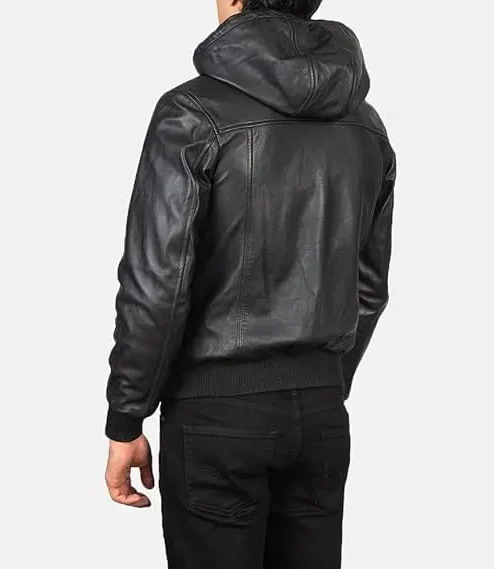 Mens Black Leather Bomber Hooded Jacket sale