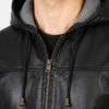Mens Black Leather Bomber Jacket With Hood