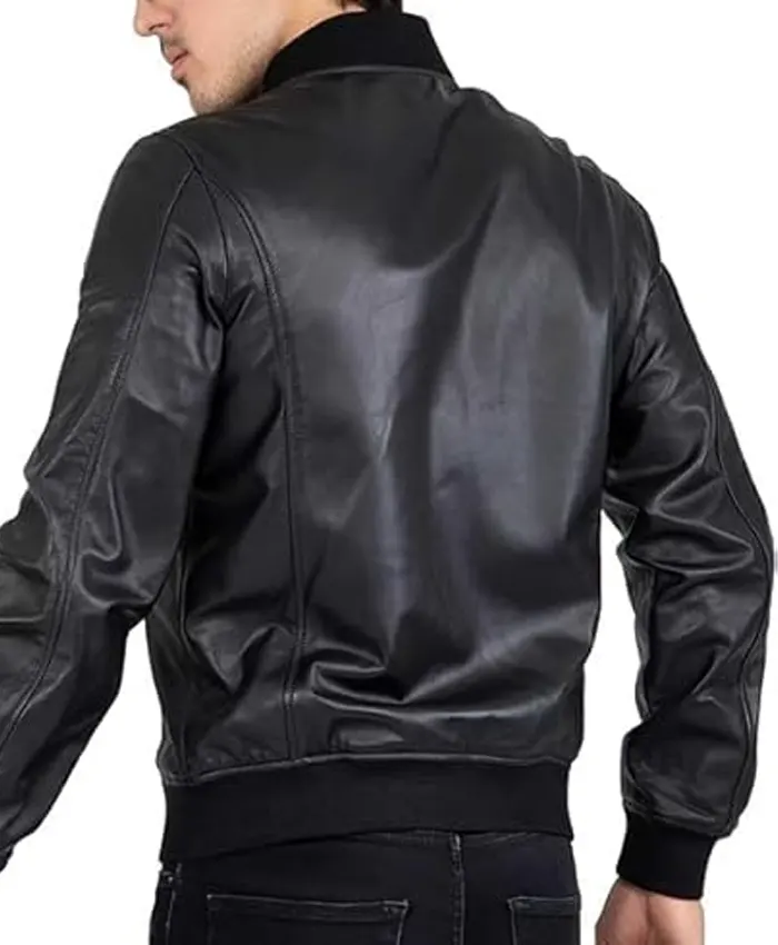 Mens Black Quilted Bomber Leather Jacket Casual Wearing