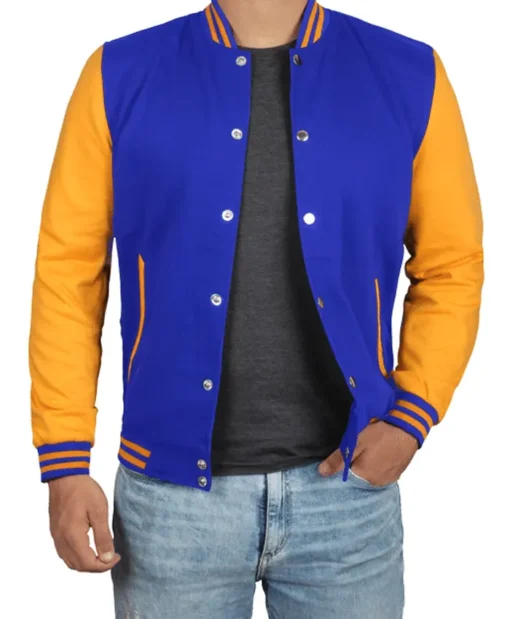 Mens Blue and Yellow Varsity University Style Letterman Jacket