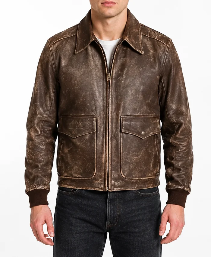 Mens Brown 1950s Vintage Leather Bomber Jacket