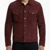 Mens Burgundy Suede Leather Trucker Jacket