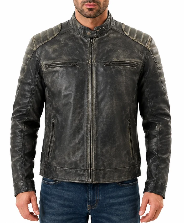 Mens Cafe Racer Distressed Black Hooligan Leather Jacket