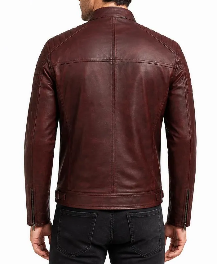 Mens Cafe Racer Distressed Maroon Leather Jacket