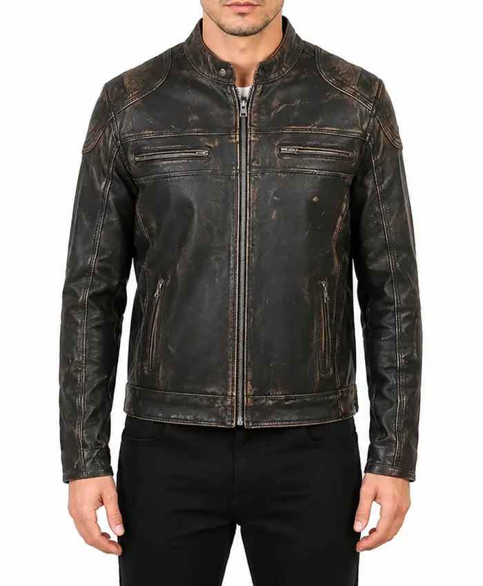 Mens Distressed Real Leather Moto Black Jacket