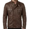 Mens Double Pocket Super Classic Brown Leather Jacket with Buckled Collar