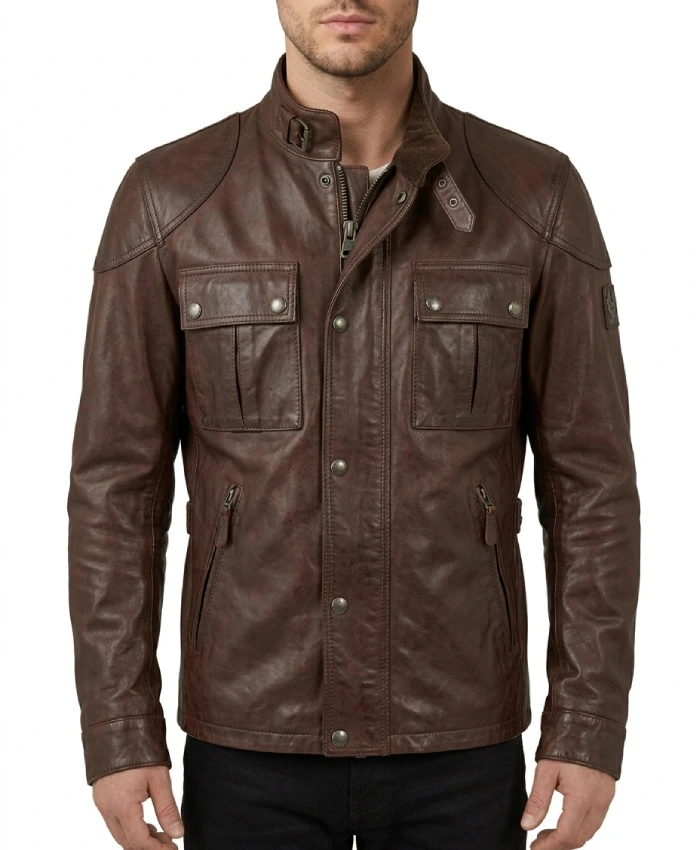 Mens Double Pocket Super Classic Brown Leather Jacket with Buckled Collar
