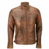 Mens Fitted Tan Brown Real Leather Biker Jacket