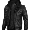 Mens Genuine Leather Bomber Biker Hood Jacket