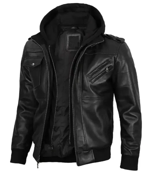 Mens Genuine Leather Bomber Biker Hood Jacket