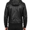 Mens Leather Bomber Black Hooded Jacket