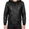 Mens Leather Bomber Hooded Black Jacket