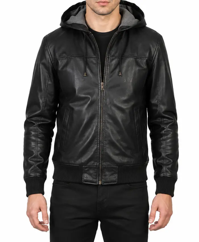 Mens Leather Bomber Hooded Black Jacket