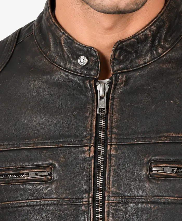 Mens Moto Distressed Black Real Leather Jacket