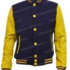 Mens Navy Blue and Yellow Bomber Baseball Letterman Jacket