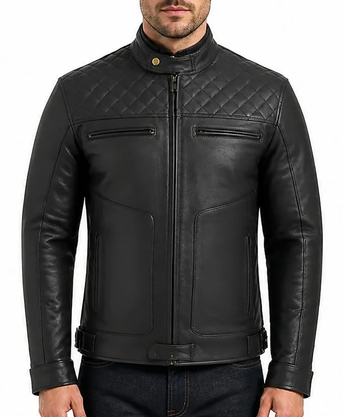Mens Quilted Cafe Racer Biker Black Jacket