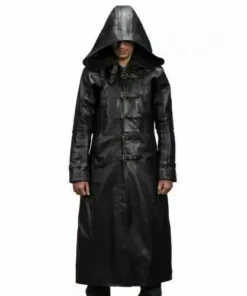 Mens Real Leather Black Hooded Trench Coat