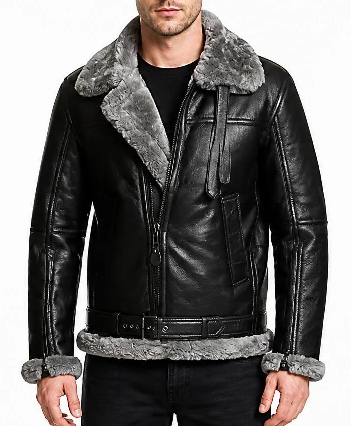 Mens Real Leather Black Motor Biker Sheepskin Leather Jacket Fargo